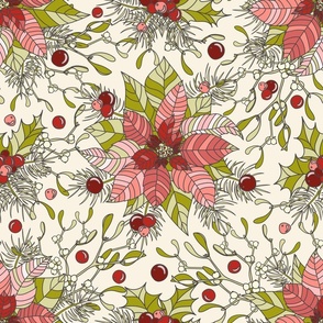 Poinsettia, Mistletoe (Viscum), Spruce - Retro Christmas Collection - Poppy Red, Pink, Olive, Charcoal on Ivory BG - SPD Collab