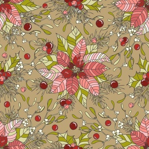 Poinsettia, Mistletoe (Viscum), Spruce - Retro Christmas Collection - Poppy Red, Pink, Olive, Charcoal on Dark Ivory BG - SPD Collab