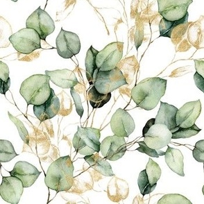 Green and gold eucalyptus leaves and branches botanical watercolor pattern 