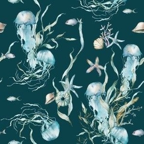 Ocean blue Jellyfish with tropical fish and shells, seaweed blue pattern 