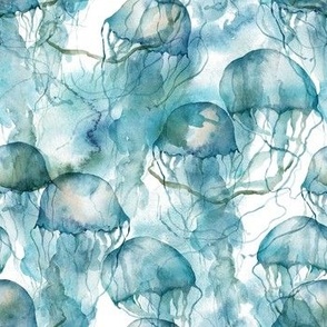 Blue Turquoise Jellyfish watercolor pattern 