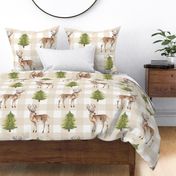Large - Watercolour Buck and Trees on Gingham Plaid