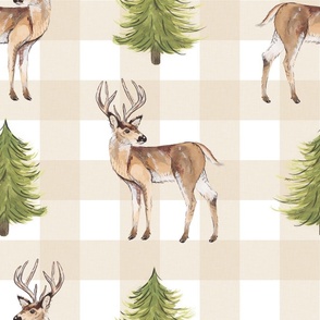 Large - Watercolour Buck and Trees on Gingham Plaid