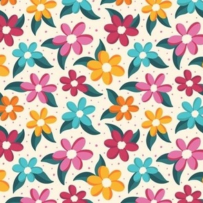 Simple colorful flowers on off white, SMALL,  1 1/2 inch flowers