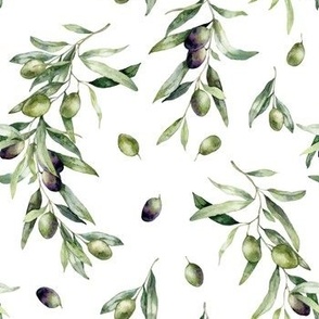 Olive branch and fruits watercolor pattern 