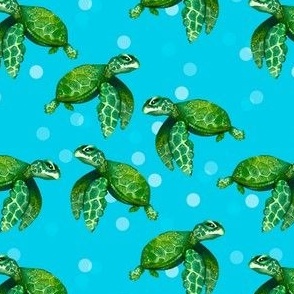 Bright Sea Turtles on Bright Ocean Blue with Bubbles - Medium