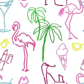 Neon flamingo palm trees cocktail ice cream glasses lipstick illustrations pattern on white background