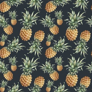 Pineapple tropical watercolor pattern on dark blue background