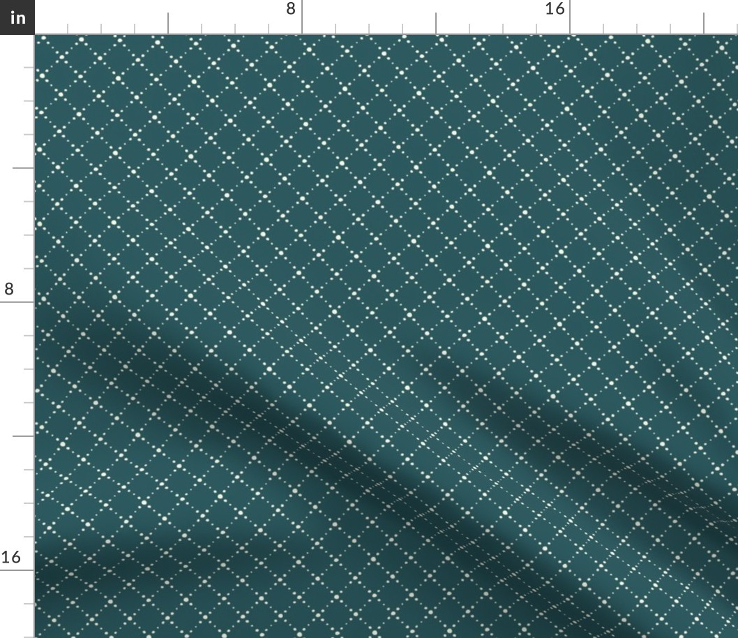 Diagonally crossing dotted lines cream white on dark green, SMALL 1 inch