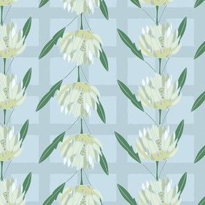 Up and Down direction Daisy buds on a trellised hand-painted background check 