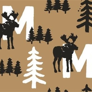 Woodland Forest "M" Moose Block Print in Black Brown White / Mini Scale 