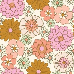 Retro Garden Flora in Cream (medium) | groovy vintage pink, mint & gold illustrated flower power print on cream background
