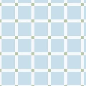 Criss cross intersecting plaid of blue green and off-white
