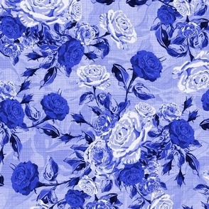 Monochromatic Blue and White Farmhouse Vintage Rose Flower Chintz, Pretty Cottage Garden, Pink Red White Green Leaves and Foliage