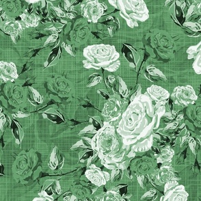 Dark Green Modern Floral Cottagecore Vintage Rose Flower Chintz, Pretty Pink Red White Cottage Garden, Green Leaves and Foliage, Green and White Monochrome, Green Summer Garden Flower Chintz, Elegant Vintage Antique Floral, Dark Green and White Flowers