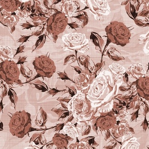 Modern Retro Floral Cottagecore Vintage Rose Flower Chintz, Pretty Pink Red White Cottage Garden, Green Leaves and Foliage, Warm Neutral Brown Monochrome