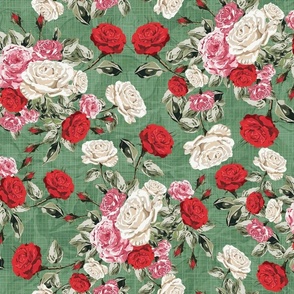 Old Fashioned Vintage Rose Floral Chintz, Pretty Red Pink White Cottage Flower Garden, Green Leaves and Foliage, Natures Summer Gift on Green