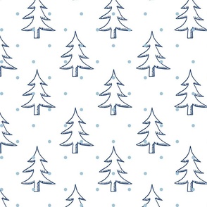 White and Winter Blue Snowing on Trees Pattern