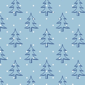 Light and Dark Blue Snowing on Trees Pattern