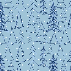 Light and Dark Blue Snowing on Forest Pattern