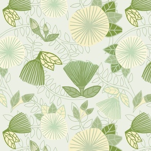 Ohi'a Forest-Moonlit Night-muted greens & pale yellows, Bedding, Home Decor, Garments