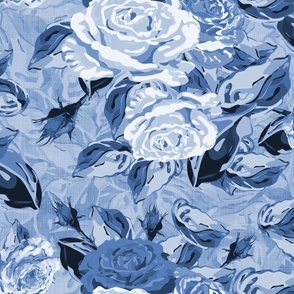 Scattered Floral Bouquet Flower arrangement on Linen Texture, Blue on Blue Monochrome Toile of Natures Majestic Roses and Rose Leaves, Vibrant Floral Pattern