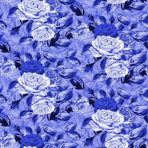 Blue on Blue Monochrome Toile of Natures Majestic Roses and Rose Leaves, Vibrant Floral Pattern, Scattered Floral Bouquet Flower arrangement on Linen Texture