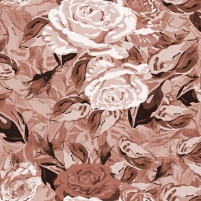 Warm Earth Tones Floral Bouquet, Toile of Natures Majestic Roses and Rose Leaves, Monochrome Floral Pattern, Scattered Flower arrangement on Linen Texture