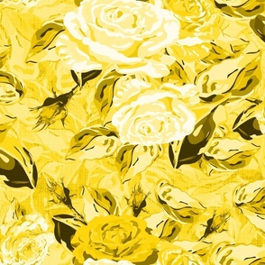 Yellow and White Flowers Bouquet, Big Scale Toile of Natures Majestic Roses and Rose Leaves, Monochrome Floral Pattern, Scattered Flower arrangement on Linen Texture