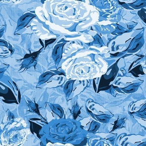 Large Scale Toile Bouquet of Natures Majestic Roses and Rose Leaves, Blue and White Monochrome Floral Pattern, Scattered Flower arrangement on Linen Texture