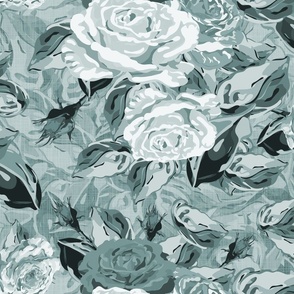Gray and White Monochrome Floral Pattern, Large Scale Bouquet of Natures Majestic Roses and Rose Leaves, Scattered Flower arrangement on Linen Texture