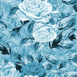 Shades of Blue  Monochrome Floral Toile Pattern, Large Scale Bouquet of Natures Majestic Roses and Rose Leaves, Scattered Flower arrangement on Linen Texture