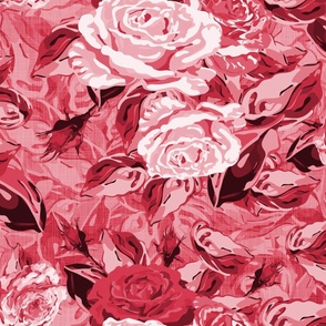 Shades of Red  Monochromatic Floral Pattern, Large Scale Bouquet of Natures Majestic Roses and Rose Leaves, Scattered Flower arrangement on Linen Texture