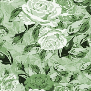 Green Monochromatic Floral Rose Pattern, Large Scale Bouquet of Natures Majestic Flowers and Leaves, Scattered arrangement on Linen Texture