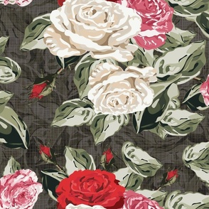 Big Floral Rose Pattern, Large Scale Bouquet of Pretty Red Pink White Roses and Green Rose Leaves, Majestic Flower Arrangement on Linen Texture