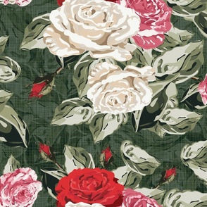 Dark Green Floral Pattern, Shabby Chic Bouquet of Pretty Red Pink White Roses and Green Rose Leaves, Nostalgic Flowers on Linen Texture