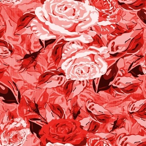 Monochrome Roses Pattern, Large Scale Modern Rose Bouquet, Hand Drawn Nostalgic Flowers on Shades of Red Linen Texture