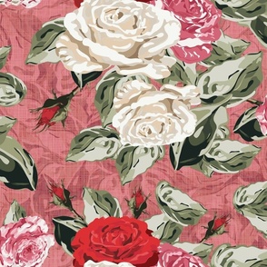 Romantic Vintage Floral Pattern, Shabby Chic Bouquet of Pretty Roses, Nostalgic Red Pink White Flowers on Pink Linen Texture