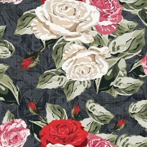 Dark and Moody Romantic English Vintage Floral Pattern, Rose Bouquet, Shabby Chic Flowers, Nostalgic Red Pink White Floral on Midnight Blue Linen Texture