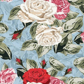 Summer Floral Rose Pattern, Bouquet of Pretty Red Pink White Roses and Green Rose Leaves, Majestic Flower Arrangement on Linen Texture