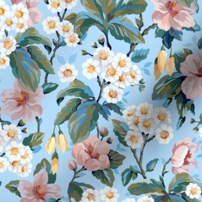 Vintage Daisy Garden Floral - Blue, Pink, Green, Yellow,