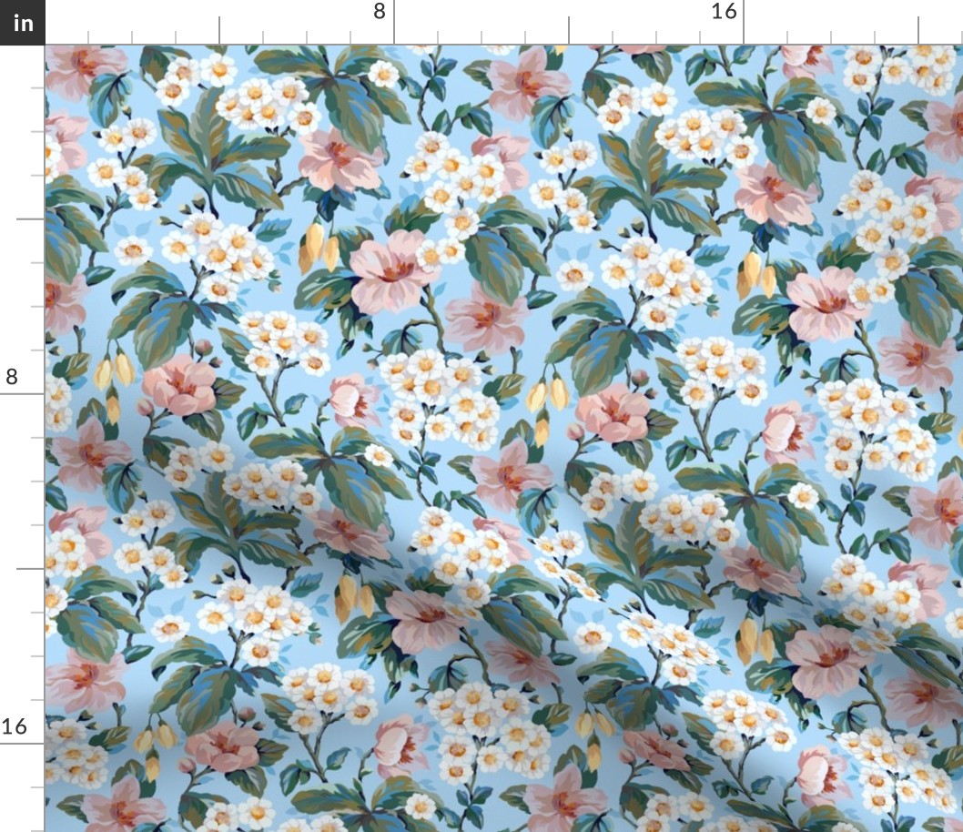 Vintage Daisy Garden Floral - Blue, Pink, Green, Yellow,