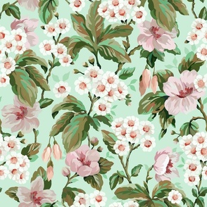 Vintage Daisy Garden Floral - Green, Pink, White, Peach, Large Scale,