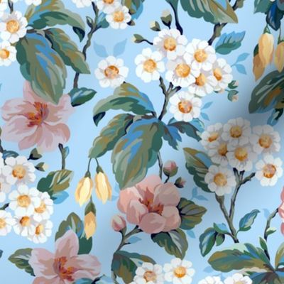 Vintage Daisy Garden Floral - Blue (Medium Scale)