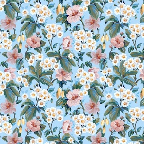 Vintage Daisy Garden Floral - Blue (Medium Scale)