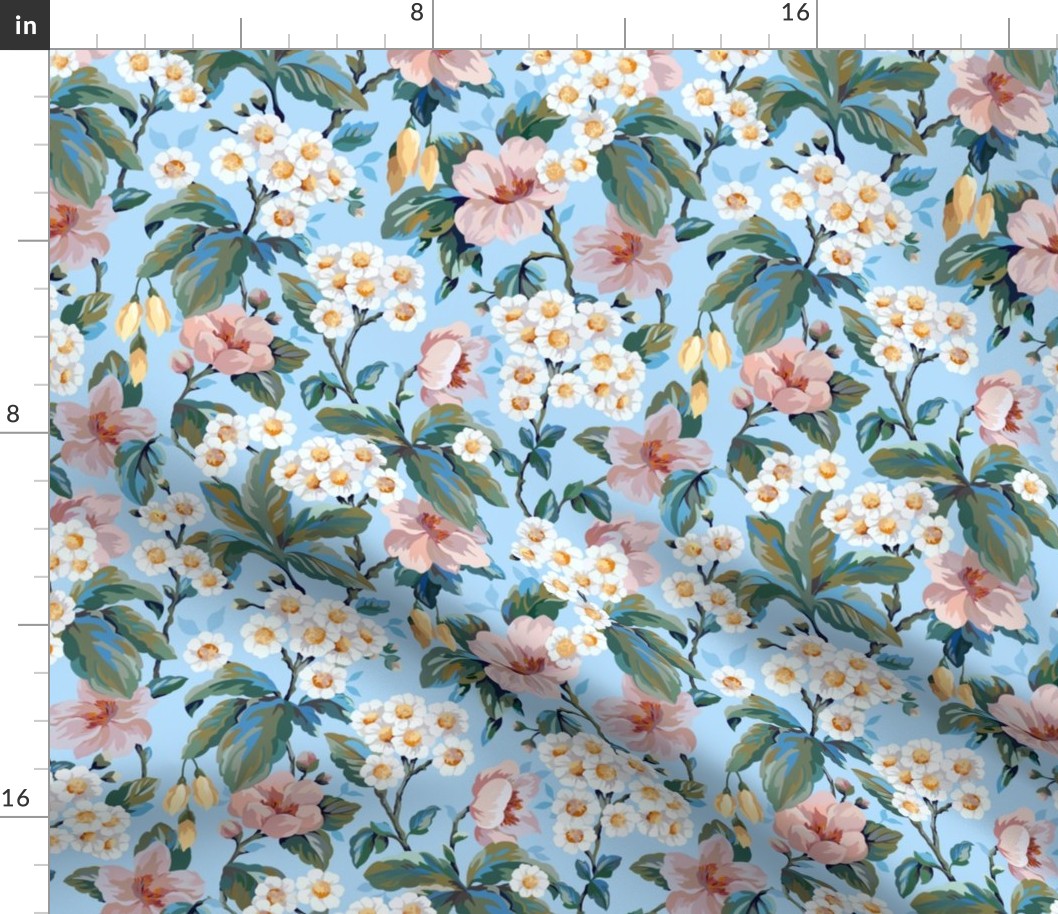 Vintage Daisy Garden Floral - Blue (Medium Scale)