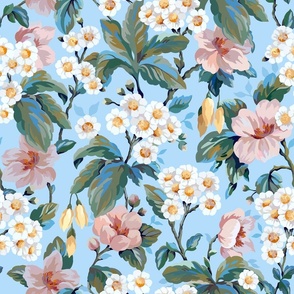 Vintage Daisy Garden Floral - Blue (Large Scale)
