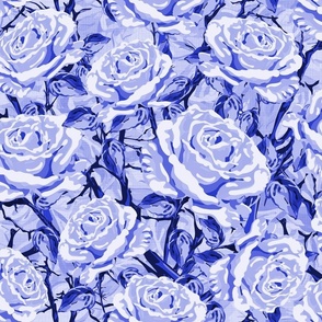 Blue and white Monochrome Flowers Pattern, Romantic One Color Climbing Roses Design, Botanic Rose Garden Floral Print with Leafy Foliage on Linen Texture