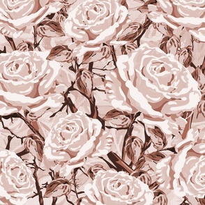 Monochromatic Flowers Pattern, Romantic Earth Toned Climbing Roses, Botanic Rose Garden Floral Print with Leafy Foliage on Linen Texture