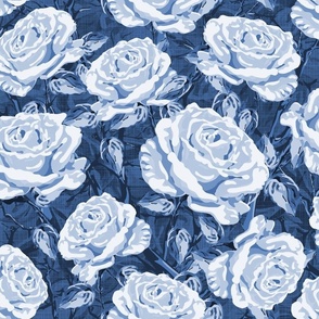 Dark Floral Roses on Blue, Botanic Rose Garden Flower Pattern, Romantic Cream and White Climbing Roses, Big Blue Monochrome Floral Blooms with Leafy Foliage on Linen Texture